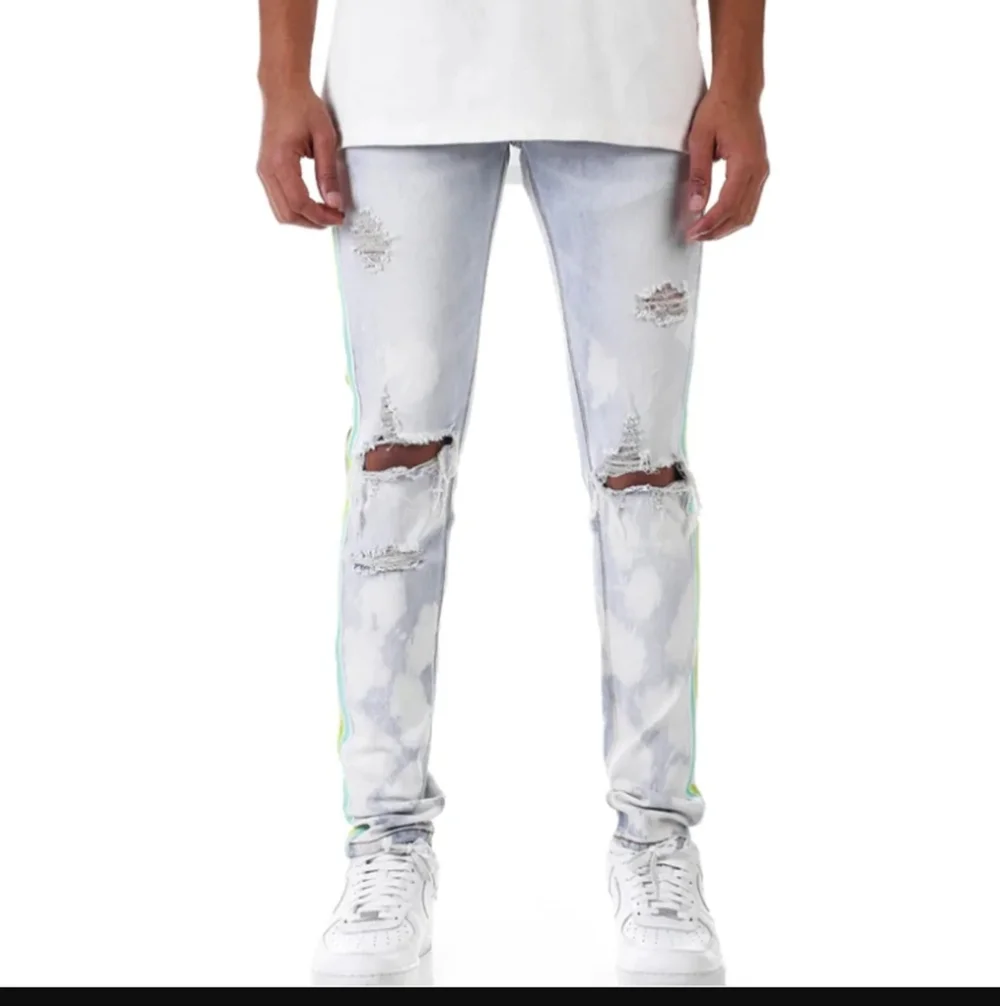 KDNK Tri-striped Bleached Skinny Jean Tinted Blue Size 32 New